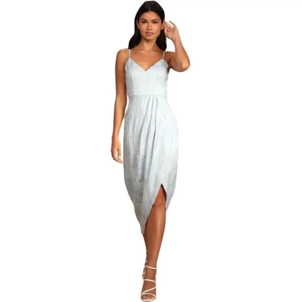 Lulu's Truly Exquisite Light Blue Jacquard Tulip Midi Dress Size Medium NWT